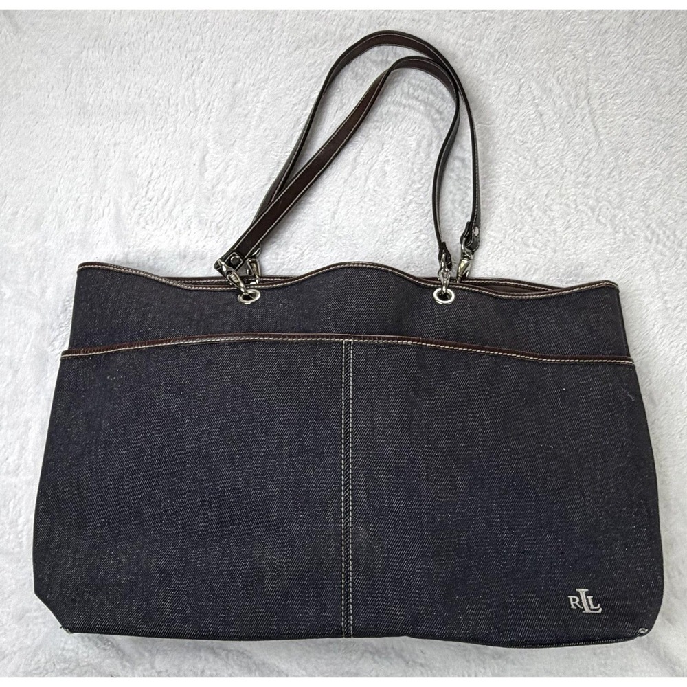 Lauren Ralph Lauren Dark Denim Bag Leather Handles Vintage Fair Cond